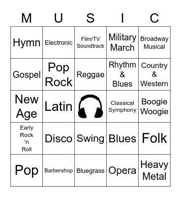 Music Styles Bingo Card
