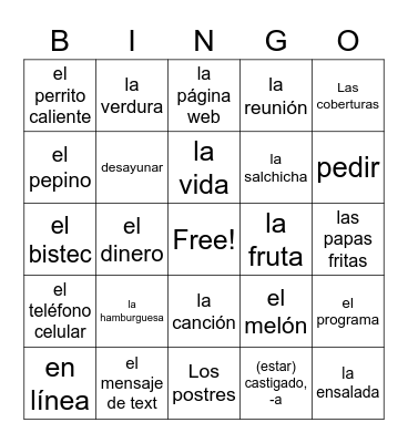 Spanish 1 Contemporary Life Bingo Card