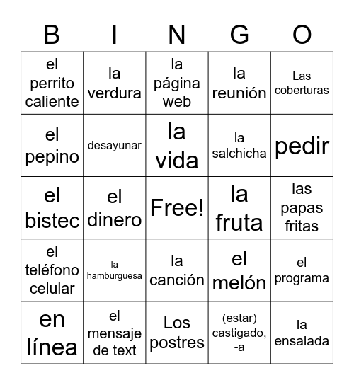 Spanish 1 Contemporary Life Bingo Card