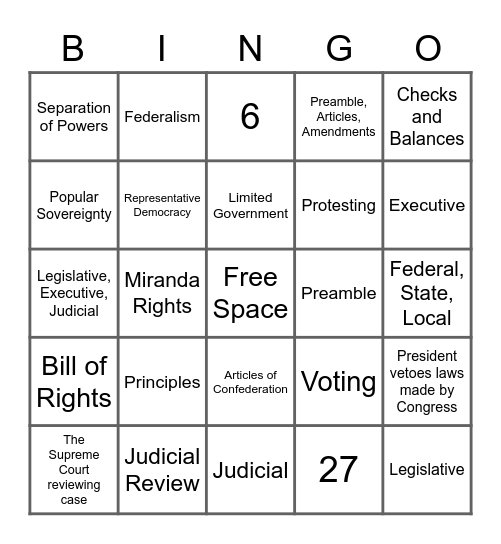 Principles of the Constitution Bingo Card