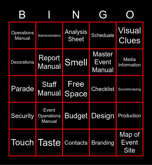 Event Plans and Event Manuals Bingo Card