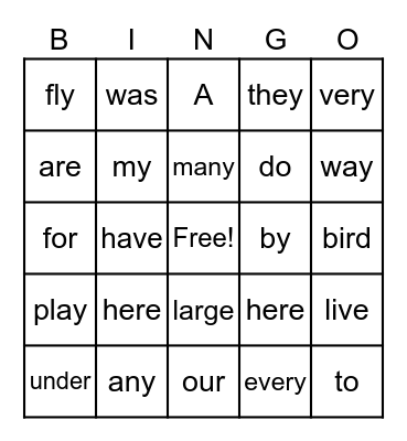 Sight Words Bingo Card