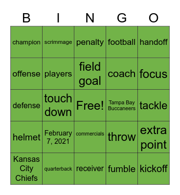 Super Bowl LV Bingo Card