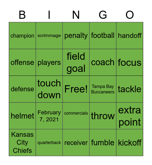 Super Bowl LV Bingo Card