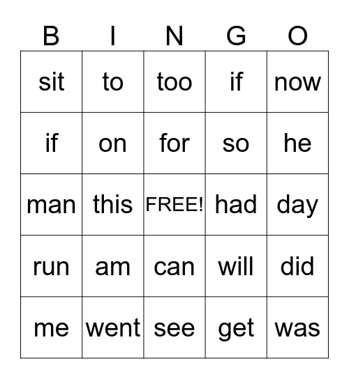 Site Word Bingo Card