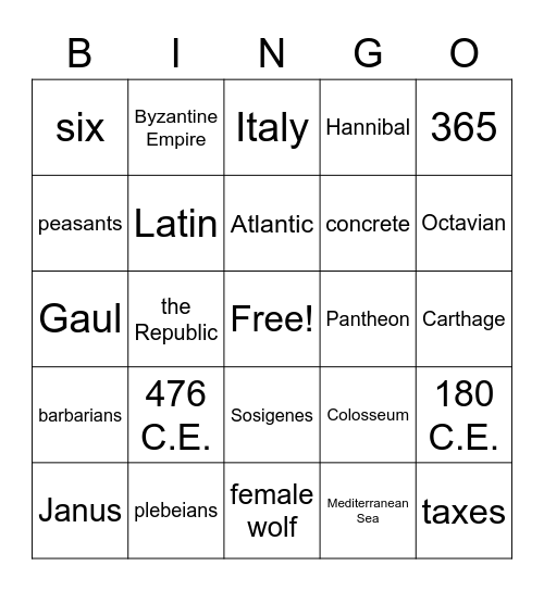 Ancient Roman Bingo Card