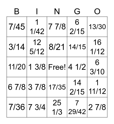 Adding/Subtracting Fractions Bingo Card