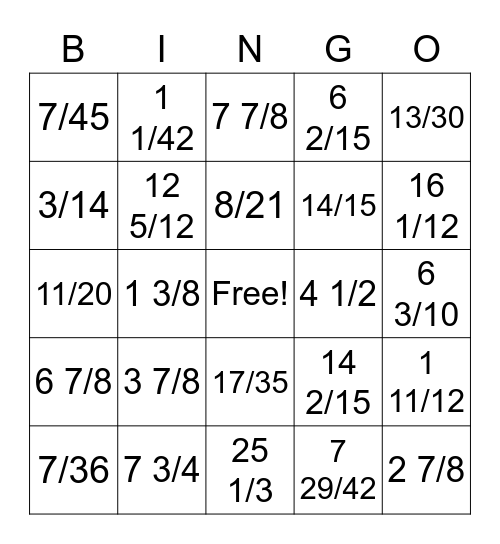 Adding/Subtracting Fractions Bingo Card