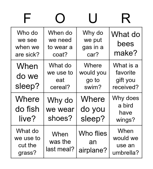 Wh- Questions Bingo Card
