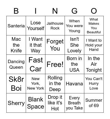 Songs Bingo Card