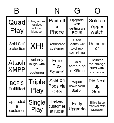 Xfinity Bingo Extravaganza Bingo Card