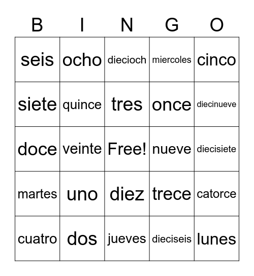 Numbers 1-20 Bingo Card