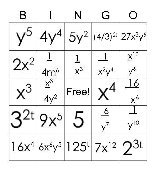 Exponents Bingo Card