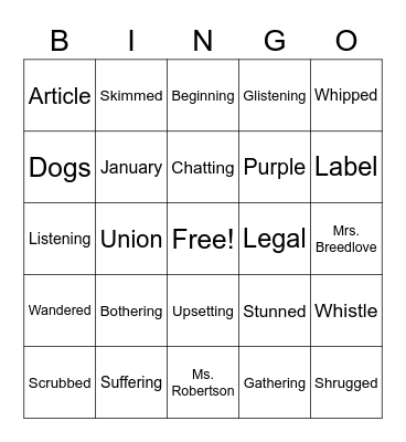 Spelling List Bingo Card