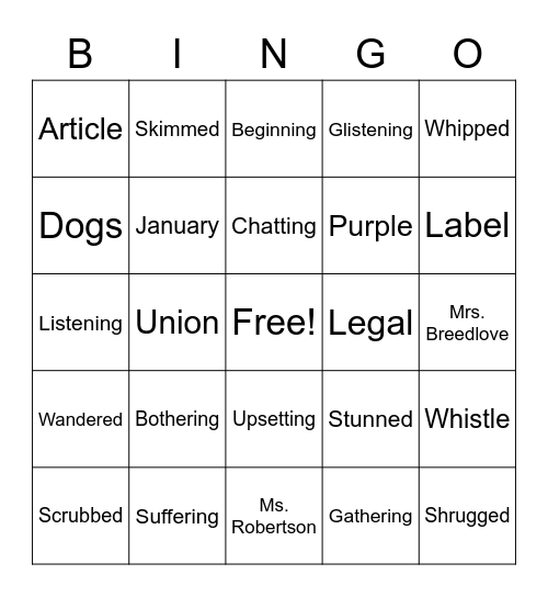 Spelling List Bingo Card