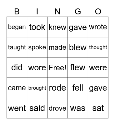 Irregular Verbs Bingo Card