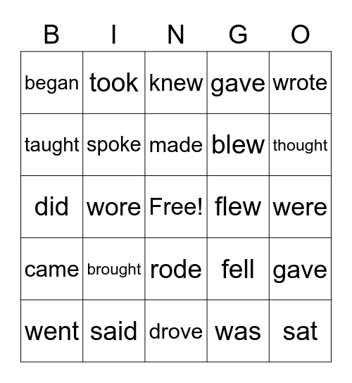 Irregular Verbs Bingo Card