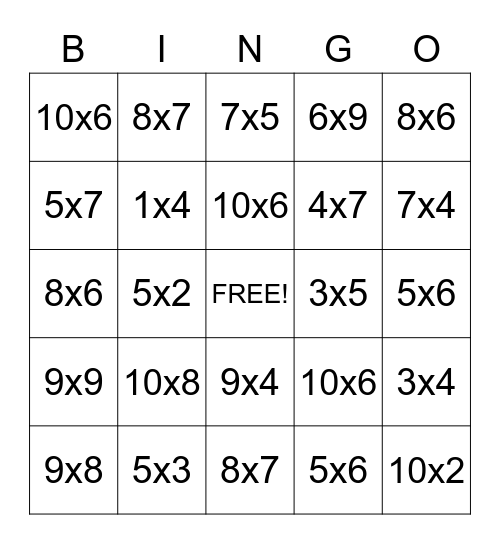 Multiplication Bingo Card