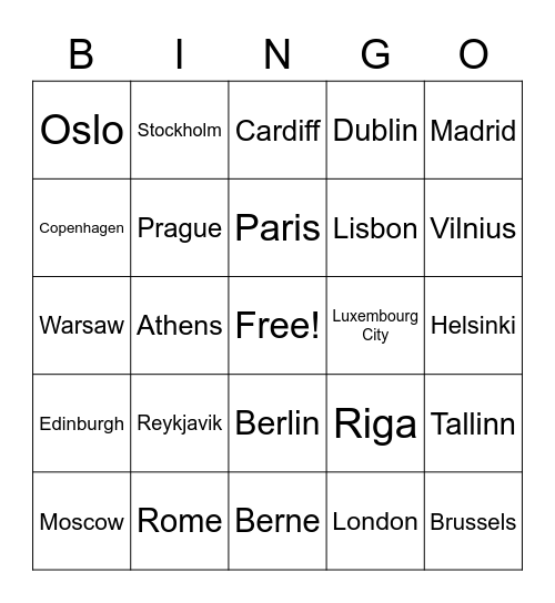 Country Capitals Bingo Card