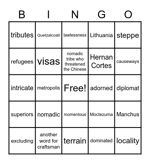 First Semester Vocabulary Bingo Card