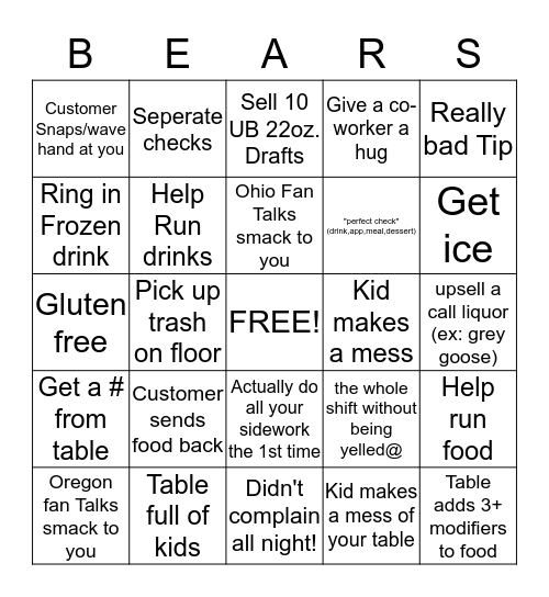Bears Bad Bingo Card