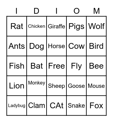 Animal Idiom Bingo Card