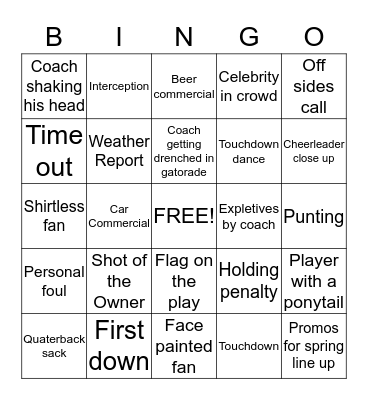 Super Bowl Bingo Card