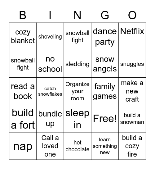 Snow Day Bingo Card