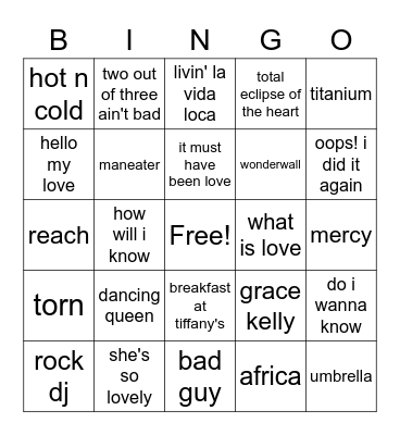 Song Bingo Card