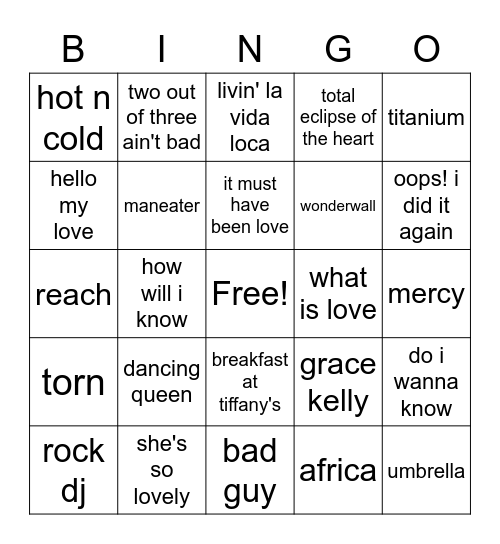 Song Bingo Card