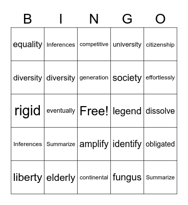 Vocabulary Card 1 Bingo Card