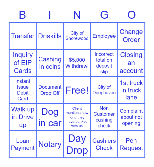 Bank Bingo Card