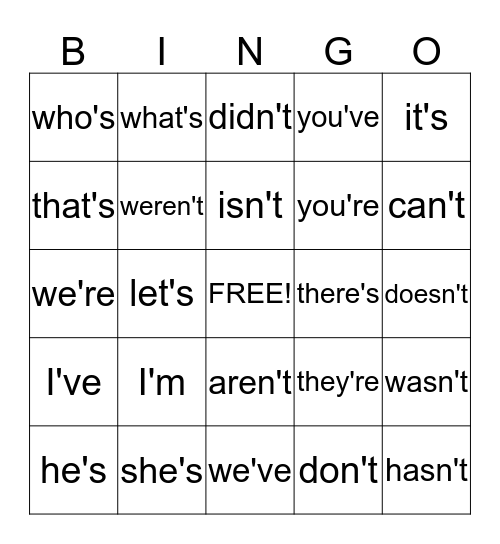 CONTRACTIONS 2 Bingo Card