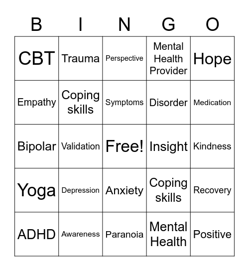 Mental Health Bingo Card