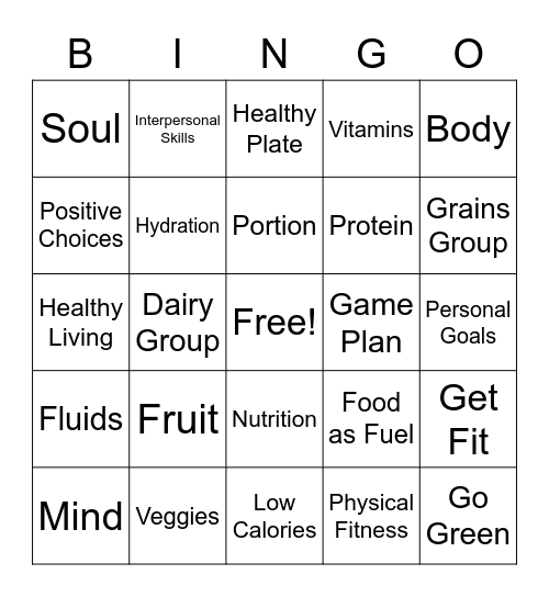 Healthy Lifestyle Bingo Card