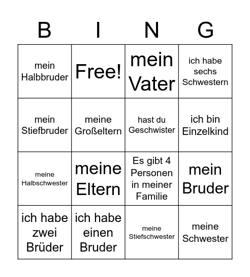 S1 German- Famiily Members Bingo Card