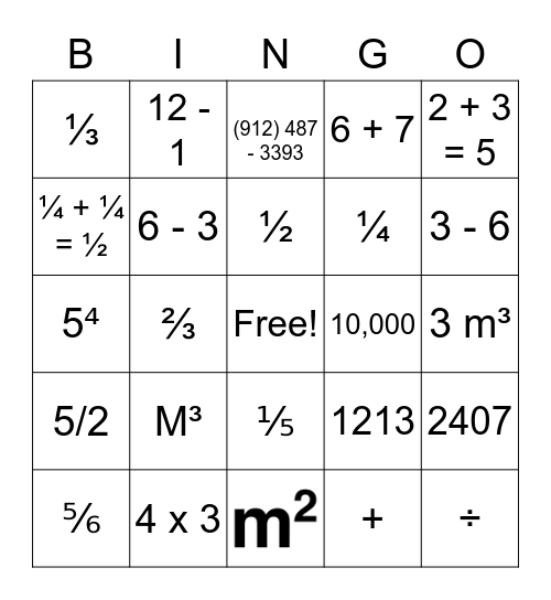 Basic Math Bingo Card