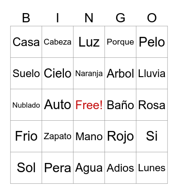 Spanish Class Bingo Card