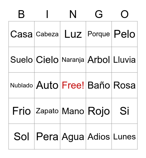 Spanish Class Bingo Card