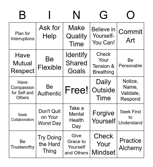 Building Strong Relationships and Being Resilient Bingo Card