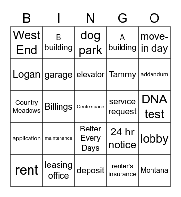 Country Meadows Bingo Card