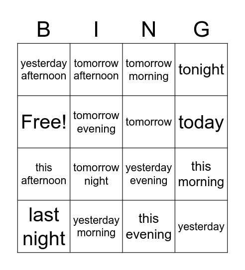 Times of Day Bingo Card