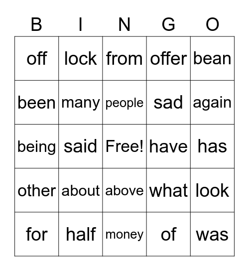 Sight Words Bingo Card