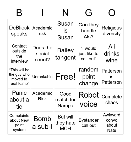 Rank Meeting Bingo Card
