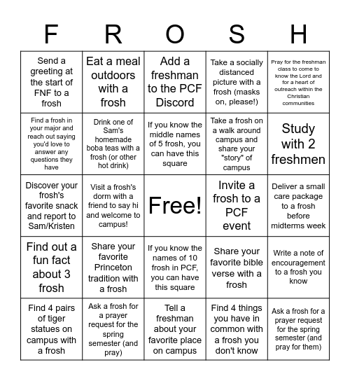 PCF Frosh Bingo Card