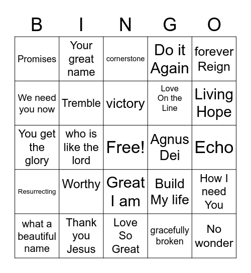 Worship Songs Bingo Card