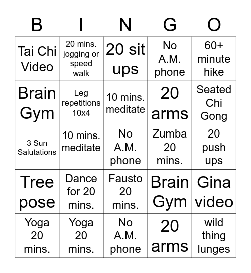 Michelle's Health BINGO Card