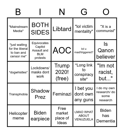 Conservative Twitch Chatter Bingo Card
