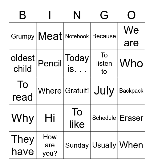 Au revoir mes étudiants Bingo Card