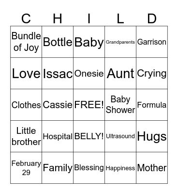 Cassie's Baby Shower Bingo Card